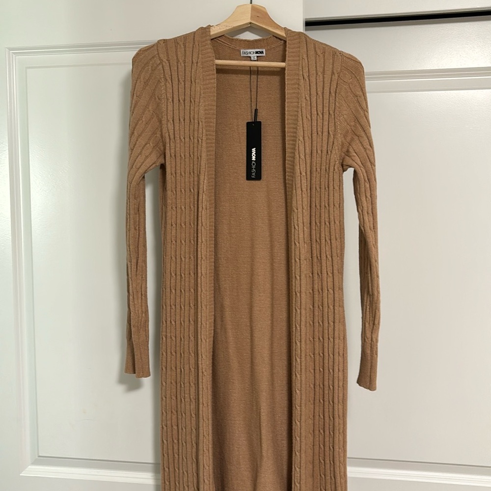 Tan brown knit long sleeve maxi cardigan soft stretchy